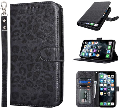 Zouzt Hülle für iPhone 11 Pro 5,8-Zoll, Stoßfestes PU Leder Handyhülle Lederhülle Klapphülle mit Kartenhalter und Standfunktion Flip Leather Wallet Phone Cover (Schwarzer Leopard)