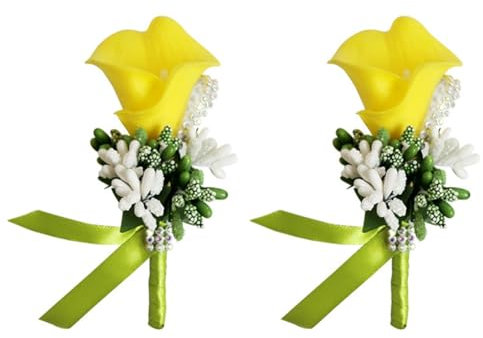 Wisafory 2 Stück Hochzeit Boutonniere Calla Lily Ansteckblume mit Sicherheitsnadel Künstliche Blumen Brosche Handarbeit Corsage Knopfloch Blume Hochzeitsanstecker für Bräutigam Braut Gelb