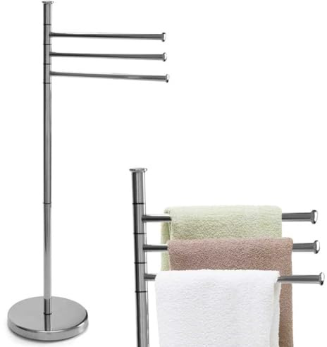 BAKAJI Portasciugamani da Terra Modello Parigi con 3 Aste Regolabili, Porta Asciugamani a Piantana con Base Rotonda, Stand Organizzatore a 3 Livelli Ruotanti da Bagno Autoportante (Cromato)