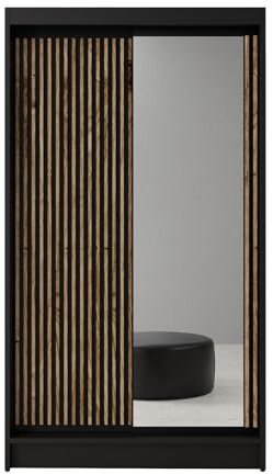 BEAUTY SOFA Schiebetürenschrank Vincent - 2-türig Kleiderschrank im modernes Stil - Schrank mit Lamellen, inkl. Spiegel, Kleiderstange - Breite 120 cm - Farbe Schwarz - 120x58x215cm