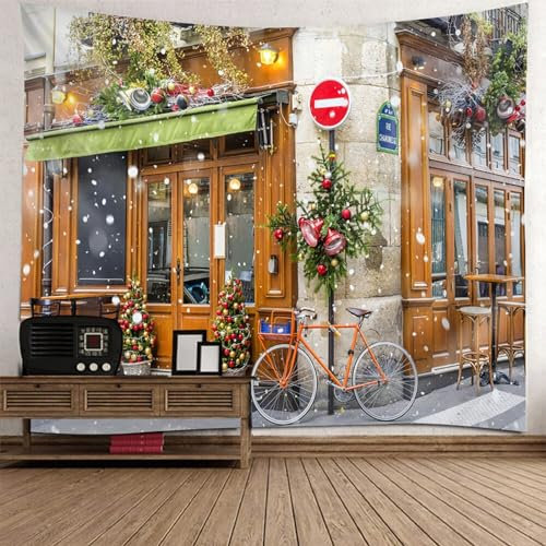Mesnt Wandbehang Groß, Braun-grünes Weihnachtsstraßenbild Wandteppiche für Wohnzimmer Schlafzimmer, Wohnkultur, 260x240cm