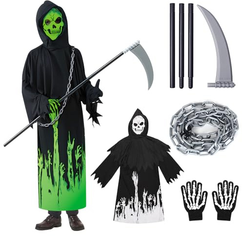 BIQIQI Deguisement Faucheuse Enfant Costume Faucheur Enfant Deguisement Halloween Enfant Déguisement Squelette Avec Gants Faux et Chaîne, Déguisement Zombie Costume Scream Pour Fille Garcon 4-12 ans