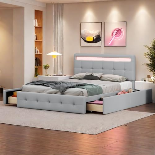 Bett 140x200 mit LED und 4 Schubladen, Polsterbett 140x200cm mit Kopfteil und Bettkasten auf Rollen, Doppelbett mit Stauraum und Lattenrost, Stauraumbett Jugendbett Gästebett Bettgestell Leinen -Grau