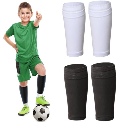 NHPY 2 Paar Schienbeinschoner Socken, Fußball Schienbeinschoner Socken,17 * 10CM Atmungsaktiv Fußball Schienbeinschonerhalter, Fußball Socken Ärmel Für Kinder Erwachsene Anfänger (Schwarz/Weiß)