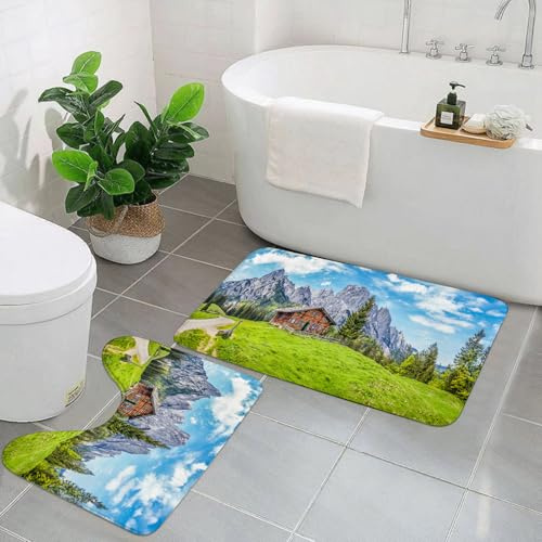 EYLOZS Badezimmerteppich Set 2 Teilig Waschbar rutschfeste Badematte Toilettenmatte Weich Saugfähige Badteppiche,Panoramablick auf die malerische Landschaft der Alpen mit Einer traditionellen Berghüt