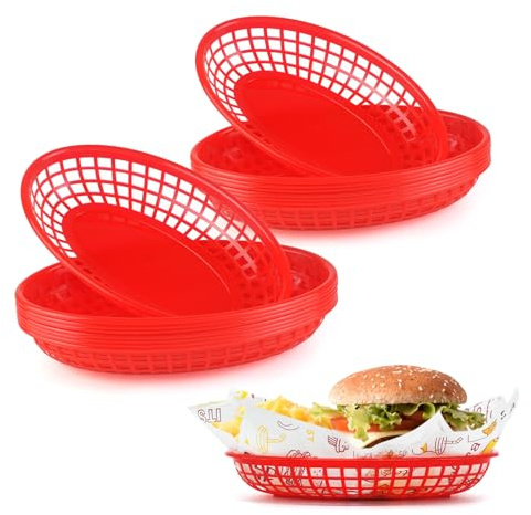 JJWNMLL 16 Stück Servierkörbchen Rot, Pommes Körbchen,Wiederverwendbarer | Plastik Ovaler Obstkorb aus Kunststoff,Lebensmittelkörbe für Burger, Sandwiches, Pommes, Grillen, Picknicks, Partys