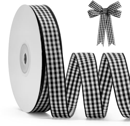 FAKILO Schleifenband Schwarzes Gingham-Band 15mm x 22m Geschenkband schwarz-weißes Büffelkariertes Kariertes Band für Weihnachten, Geschenkverpackungen, DIY Basteln