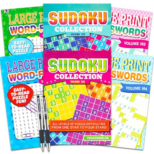 Variety Puzzle Books for Adults - Bundle with 6 Assorted Brain Stimulating Puzzle Books for Adults Including Sudoku, Crossword, Word Search Plus Pens | Word Finds for Seniors