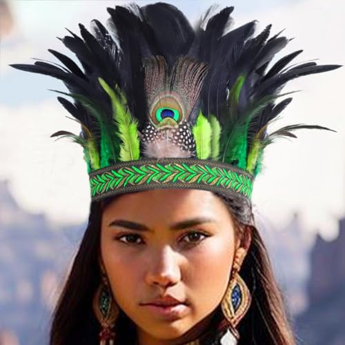 Zoestar Påfågelfjäder krona pannband indisk fjäder huvudbonad fascinator dekorativ huvudbonad festival kostym hårtillbehör för kvinnor (grön, en storlek)