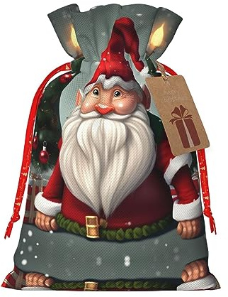 HJLUUFT Jutebeutel mit traditionellem Zwergen-Druck, Weihnachtsgeschenktasche mit Kordelzug und Geschenkanhänger, für Hochzeit, Weihnachten, Partyzubehör