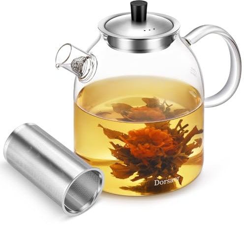 Dorsaer Grande théière en verre borosilicate de 1500 ml avec infuseur et couvercle – Théière avec passoire pour feuilles en vrac, tisanes, bouilloire à infusion pour plaque de cuisson à gaz, pour 4 à