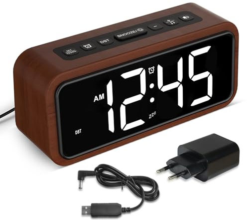 Lauter Wecker für Tiefschlaf, Holzwecker mit LED-Anzeige, 12 Wecktöne, 5 einstellbare Helligkeitsstufen, 5 Lautstärken, DST Manuell, Braun, Retro Wecker für Schlafzimmer