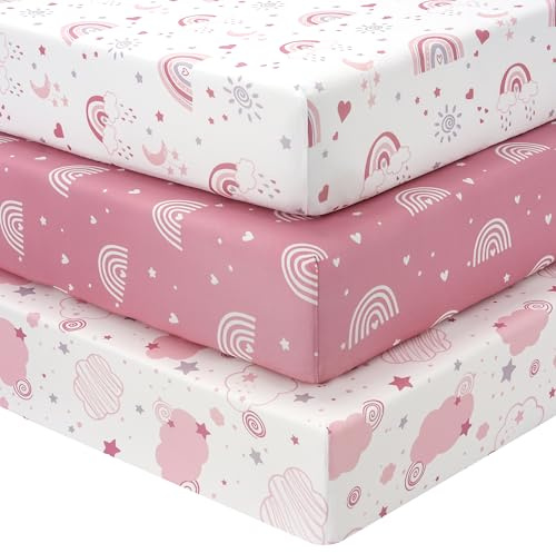 FIEMOL Cot Bed Sheets 140 x 70cm Fitted, 3 Pack Baby Cot Sheets, Ultra Soft & Silky Smooth Microfiber Toddler Bed Sheets Pink Rainbow