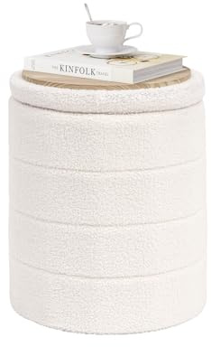 PINPLUS Compact Round Folding Storage Ottoman, Cream White Boucle Footstool | Round Ottoman with Soft Bouclé Cover, Hidden Storage and Foldable Design for Living Room, Bedroom or Dorm
