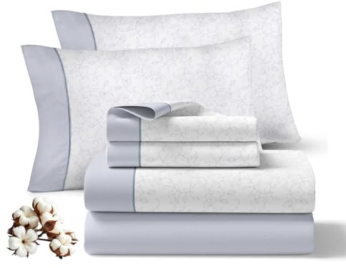 Juego de Sabanas 160x200CM 4 Piezas 100% Algodón 144 Hilos Ajuste preciso colchon 30CM Suaves Transpirables Lavables Diarias Cama Ropa Hogar Serenity Azul 2 Fundas Almohada