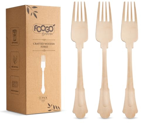 FOOGO Green 200pcs Elegant Disposable Wooden Forks, 20cm | FSC® Certified, 100x Forks, Biodegradable Eco Friendly Cutlery Set, Ideal for Weddings, Bamboo, Alternative to Plastic