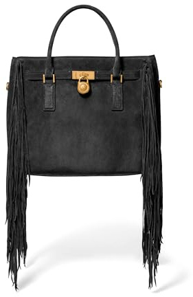 Michael Kors Hamilton Nomad Large Satchel, Antique Gold-Tone Hardware/Fringe Suede/Black