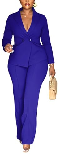 Kafiloe Women Double Breasted Blazer Pants Suit 2 Piece Outfits Casual Long Sleeve Blazer Set for Work Business Royal Blue 3XL