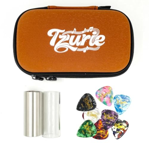 Tzurie Glass & Steel Guitar Slide & Picks Set with Brown Travel Case - 9 Celluloid Picks, 2 Slides Included - Slide Guitar Accessories for Electric & Acoustic Guitars