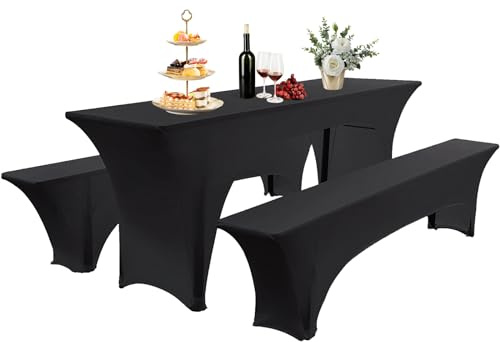 Elastic Beer Table Covers – 3-Piece Set Stretchable Tablecloth & Cushion for 50-70 cm Tables Perfect for Beer Tents Marquee Events Black Bench Covers.