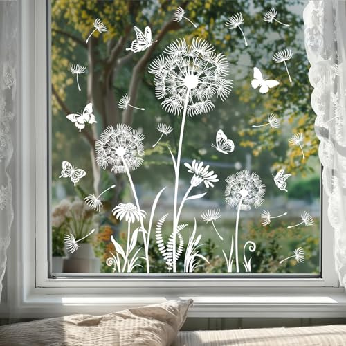 Tanlaby Adesivi per Finestre Dente di Leone Bianchi Vetrofanie Finestra Decorativi Fiori Farfalle Primavera Estate Adesivo Vetri per Soggiorno Camera da Letto Cucina Porte Vetro