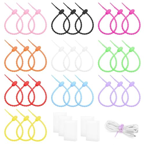 30 bridas de silicona, 22cm bridas de silicona con 5 cajas de plástico | coloridas, reutilizables, Para Bridas de Bolsas de Alimentos, Bridas de Cables