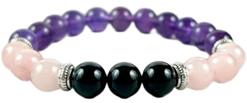 natürlicher schwarzer Turmalin & Amethyst & Rosenquarz-Edelstein 8 mm | runde Form, glatt geschliffener Stein | 7 Zoll | mehrfarbiger Edelstein | Energie-Stretch-Armband | handgefertigt | LSB_01106