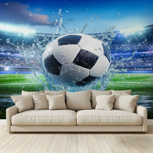 MKBKLI Papel pintado fotográfico de balón de fútbol movimiento estadio – Diseño para paredes cámara – Fotomural no tejido 300 x 210 cm – Pegamento no incluido