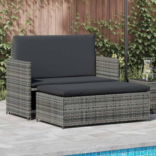 QJBSAVVA 2tlg Gartensofa Set Grau Poly Rattan Ecksofa mit Hocker Liegefunktion 123 x 117 x 66 cm wetterfestes Outdoor Lounge Möbel für Balkon Terrasse Garten