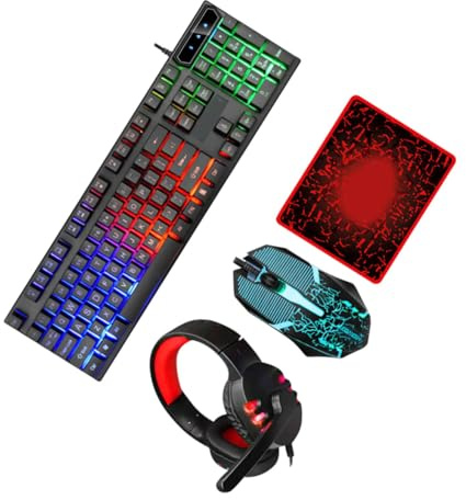 HIAKDOFT Keyboard Mouse Headset and Mouse Mat Combo USB 2.0 104 Keys 4 Buttons Stylish Abs Wired Accessories for Home Office Gaming