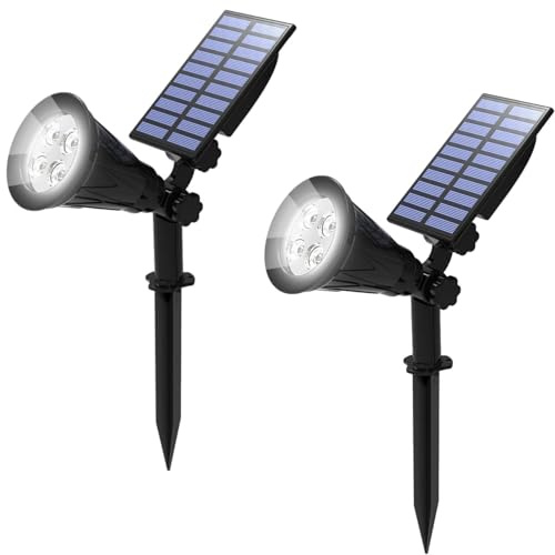 T-SUN Lot de 2 spots solaires LED étanches pour jardin, paysage, angle réglable à 180°, lumière du jour 6000 K, allumage automatique à la tombée de la nuit/arrêt automatique le jour pour arbre, cour