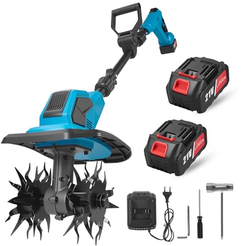 Motocoltivatore elettrico senza fili, 360 giri/min, batteria 21 V con 2 batterie da 4.0 Ah, lavoro da 17 cm x 23 cm, manico regolabile, ideale per prato, giardino e lavoro del suolo