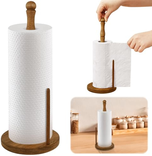 Wooden Kitchen Roll Holder with Double Bar Design Vintage Paper Towel Holder Stand for Countertop Easy One-Handed Tear Kitchen Towel Dispenser Rustic Wood Base Organizer for Standard & Jumbo Rolls