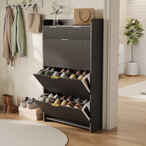 CXHLXYR Mobile Scarpiera,Comò per Scarpe,Mobili per Ingresso,Armadio per Scarpe con 3 Ribaltine e 2 Cassetti per Camera, Soggiorno e Ingresso 77 x 24 x 133 cm (Nero-C, 2 cassetti)