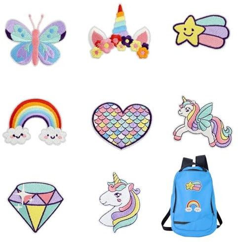 Einhorn Bügelflicken 8 Stück Mädchen Bügelbilder Mehrfarbig mit Regenbogen Stern Herz Motiv DIY Aufnäher für Kinder Kleidung Rucksack Mütze Bastelzubehör Reparatur Applikation