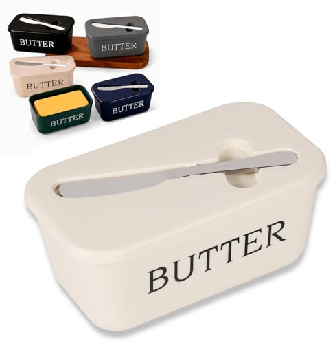 AURALIN Mantequillera Blanco con tapa y cuchillo de plástico alimentario