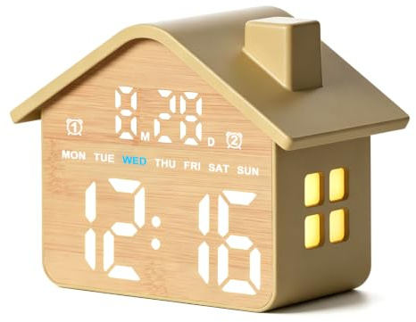 Digitaler Wecker im Haus Design, Holzoptik LED Tischuhr mit Wochentag & Datum, 2 Weckzeiten, Schlummerfunktion, Helligkeitsanpassung, Nachtlicht, für Wohnzimmer Kinderzimmer Büro, Netzbetrieben