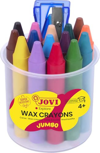 Jovi Wachsmalstifte Jovicolor, geruchlos, bruchsicher, leicht auswaschbar, für alle Altersgruppen, Becher mit 16 Farben und 1 Spitzer