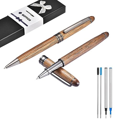 Glovion Wood Ballpoint Pen Set 2 Pack, Fancy Wooden Pens and Rollerball Pen for Men Extra 4 Ink Refills (2 Blue & 2 Black) Nice Writing Pen Sets Gift for Business Journaling Executive Signature