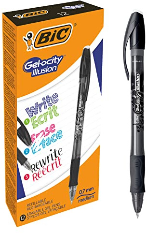 BIC Gel-ocity Illusion Tintenroller Radierbar, Gelstifte Set in Schwarz, Nachfüllbar, Komfortabler Gel Griff, 12er Pack