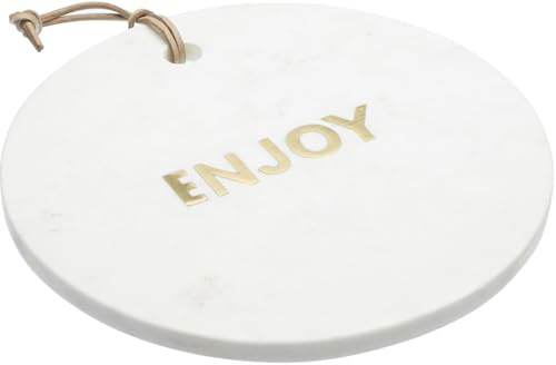 Artesa - Plateau à Fromage Rond en Marbre, Lettrage ENJOY Doré et Ficelle d'Accroche, 25.5 cm - Blanc