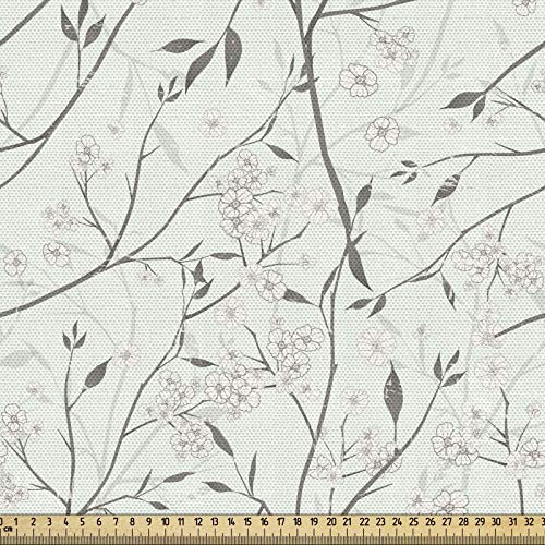 ABAKUHAUS Grau und Mint Stoff als Meterware, Rustikale weiße Knospen, Qualitäts Stoff Dekorativer Polster Heimtextilienstoff, 2M (148x200cm),Weiß Grau