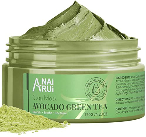 ANAiRUi Mascarilla de barro con avocado y té verde, marcarilla facial hidratante detoxante, desobstruye los poros, elimina los punto negros, reducir manchas y acné, 120g