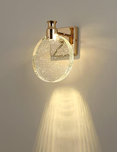 KRIPINC Rund LED Kristall Wandleuchte für Wohnzimmer Schlafzimmer Flur | Kristallblasen-Design, 3 Farbtemperaturen, Vintage Wandlampe Kristall für Nachttisch Badezimmerwaschtisch, Gold, Groß