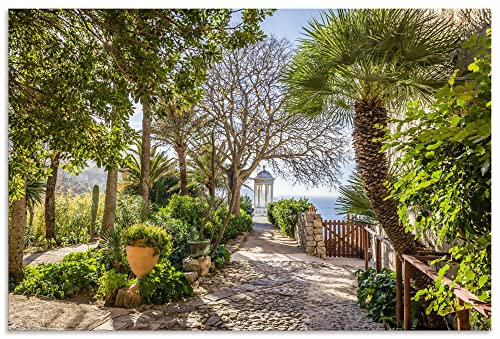 ARTland Wanddeko Wandbild Alu Verbundplatte für Innen & Outdoor Bild 90x60 cm Garten Pflanzen Palme Bäume Pavillon Meer Idyll Mallorca U3SL