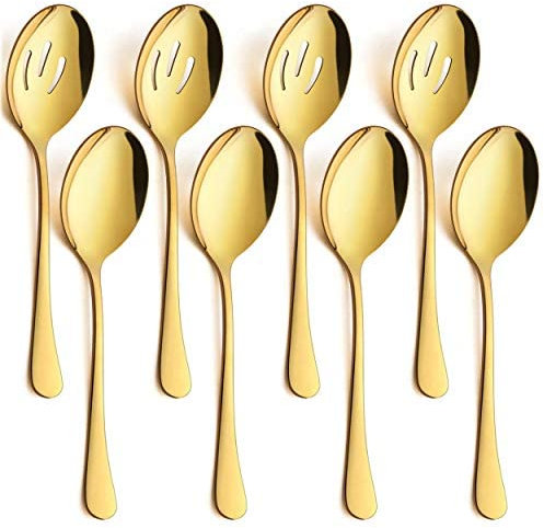 Set da 8 cucchiai da portata grandi, 4 cucchiai da portata grandi, 4 cucchiai da portata scanalati, in acciaio inox per cene a buffet e ristorante, 20,5 cm (oro)