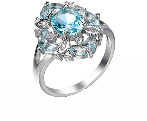 Whoiy Damen Silberring 62 Hohle Blume Oval Hellblau Zirkonia Jubiläum Geschenke für Frauen Größe 62 (19.7)
