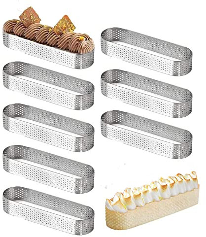 Tiamu Lot de 8 anneaux à gâteau ovales - Moule à tartelette perforé - Moule en mousse - Anti-adhésif - Pour pâtisseries - 9,4 x 2,8 x 2 cm