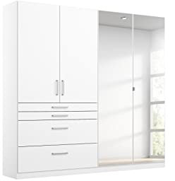 Rauch Möbel Harburg Schrank Kleiderschrank Drehtürenschrank Weiß 4-türig mit Spiegel und 4 Schubladen inklusive Zubehörpaket Basic 3 Einlegeböden, 1 Kleiderstange BxHxT 181x197x54 cm