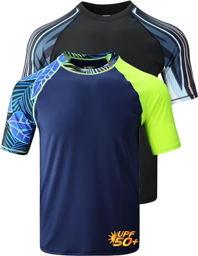 Liberty Imports 2-Pack Men's UV Short Sleeve Swim Shirts Loose Fit Rash Guards, Printed Navy/Black, XXXL